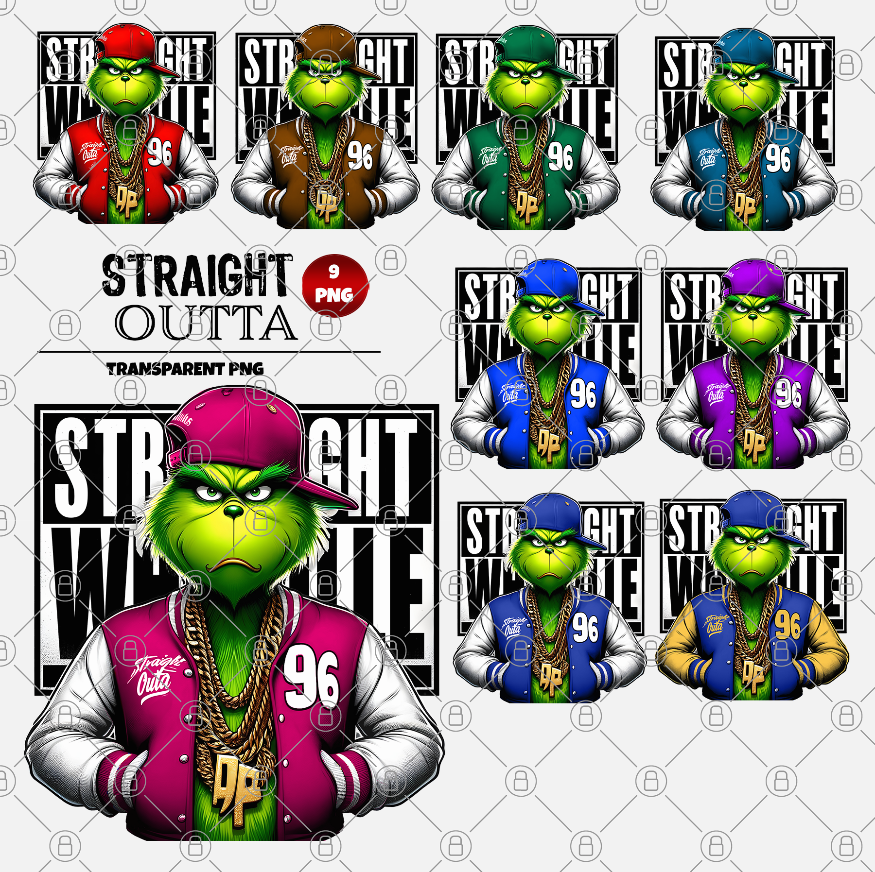 Discover high-res illustrations of a green, furry character in hip-hop style with a cap and "96" jacket. Each file offers color variations and some include "Straight Outta." Available as digital downloads: Straight Outta Whoville 9 x Transparent PNG Files.