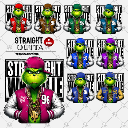 Discover high-res illustrations of a green, furry character in hip-hop style with a cap and "96" jacket. Each file offers color variations and some include "Straight Outta." Available as digital downloads: Straight Outta Whoville 9 x Transparent PNG Files.