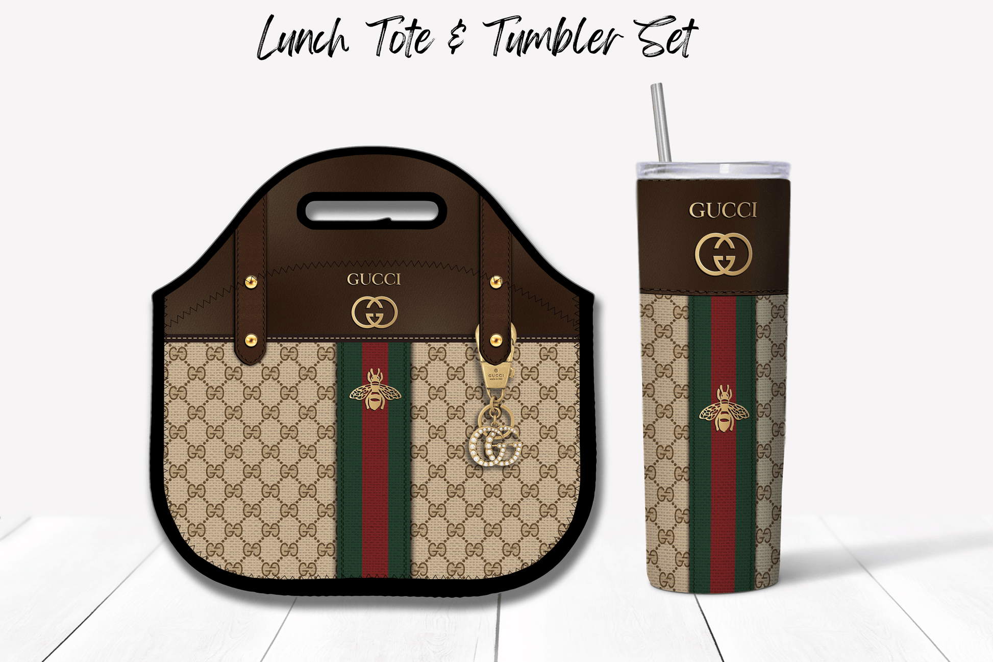 Gucci Dark Brown Monogram Lunch Tote and Tumbler Set Fabric Texture - Hushed Designs