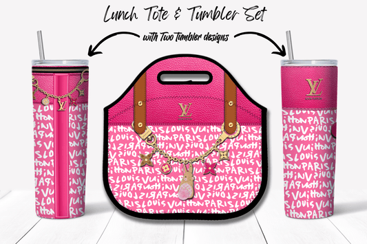 LV Pink Graffiti Monogram Lunch Tote and Tumbler Set Plain - Hushed Designs