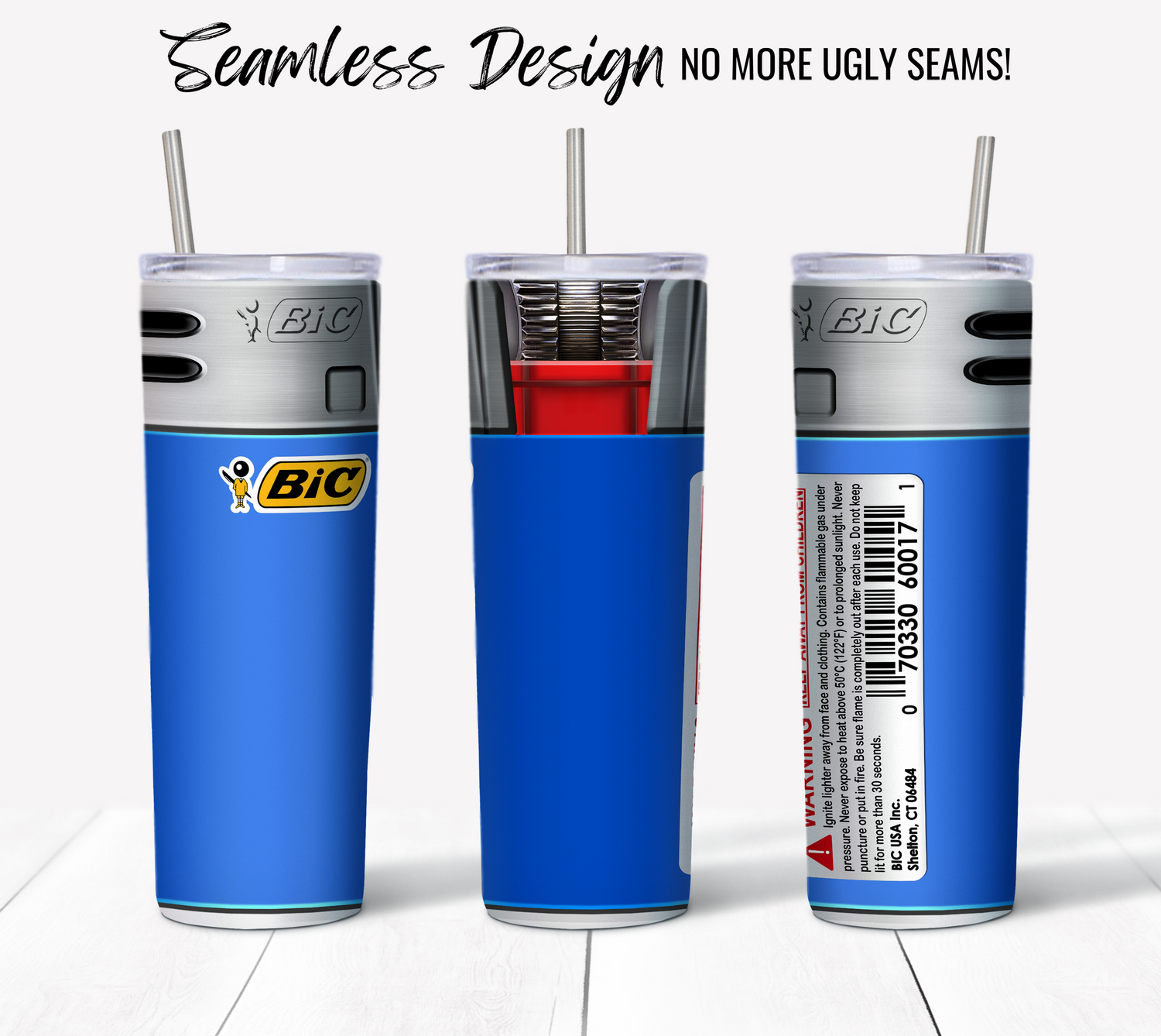 Three Bic Lighter Blue 20 oz Sublimation Tumblers are displayed from the front, side, and back. These tumblers emulate the appearance of BIC lighters, complete with a lid that replicates the lighter's top, including the spark wheel and metal shield. Above them, text reads: "Seamless Design - No more ugly seams!" Perfect for your next digital download project!