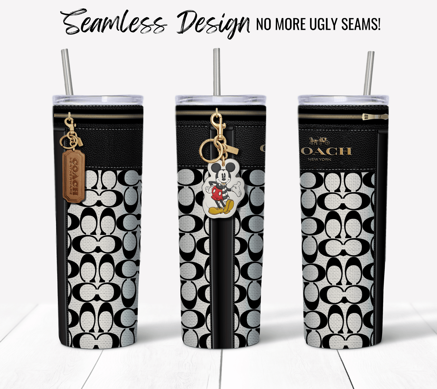 NY Coach Black and White Monogram with Mickey Key Chain Fabric Texture - Hushed Designs