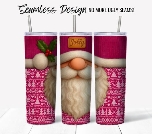 Three tumblers display the Jolly Santa Ugly Sweater #9 design, featuring red and white knit patterns, a gnome face with a pink nose, white beard, holly accent, and come with metal straws.