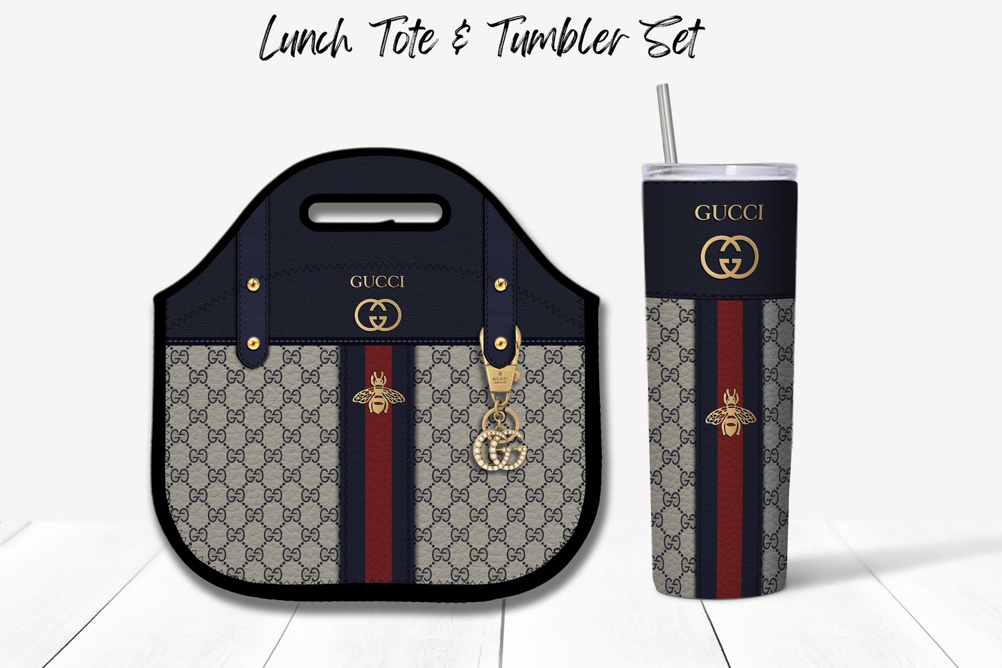 Gucci Navy Blue Monogram Lunch Tote and Tumbler Set Leather Texture - Hushed Designs