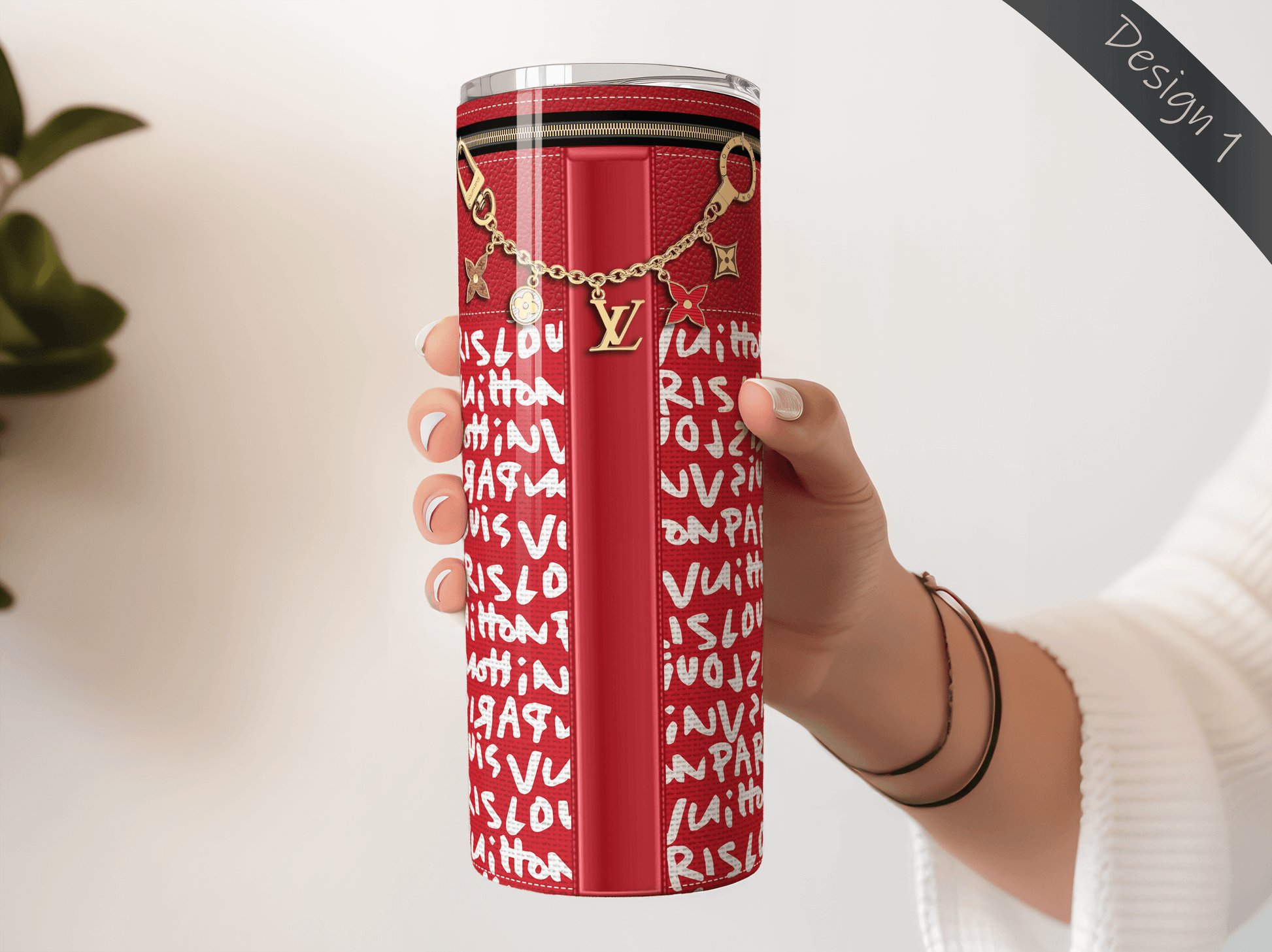 LV Red Graffiti Monogram Lunch Tote and Tumbler Set Fabric Texture - Hushed Designs