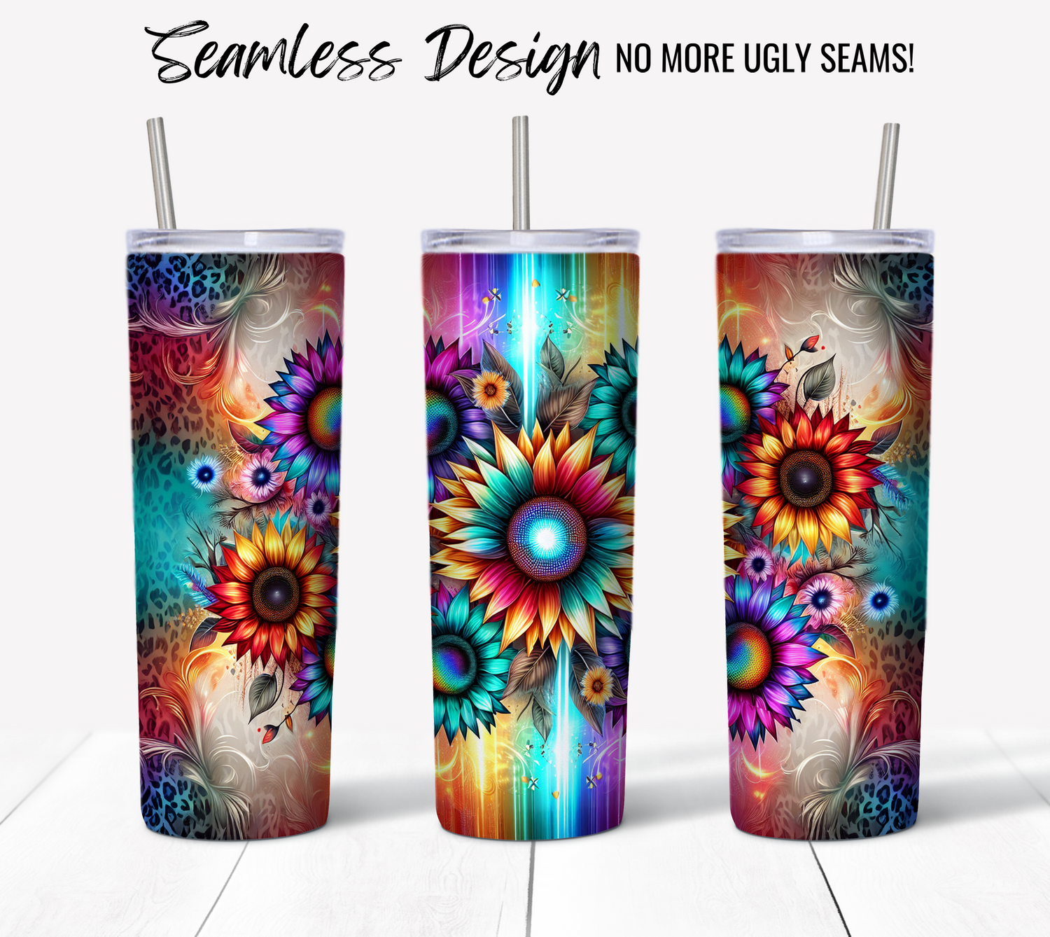 Colorful Seamless Tumbler Cups, Floral and Bird Design, Stainless Steel Drinkware, Unique Gift Idea