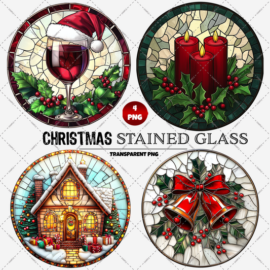 Introducing the Stained Glass Christmas 4 x Transparent PNG Files, featuring four unique circular designs: a wine glass adorned with a Santa hat, two red candles decorated with holly, a cozy snow-covered house, and two bells elegantly tied with a red bow. Each high-resolution digital PNG file showcases festive elements such as holly and snowflakes on a transparent background.