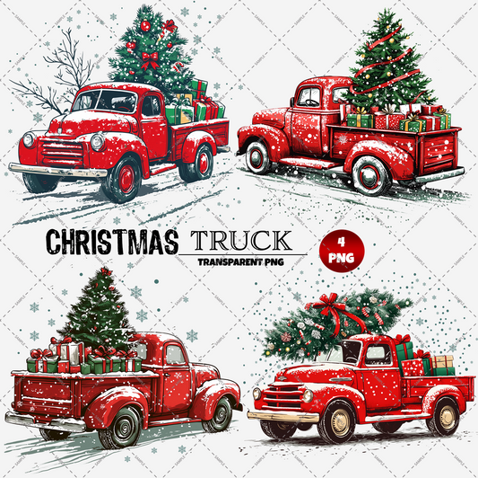 A depiction of four red vintage trucks, each loaded with a Christmas tree and gifts, is adorned with snow to heighten the festive holiday atmosphere on a transparent background. The phrase "Red Vintage Christmas Truck with Christmas Tree 4 x Transparent PNG Files" appears centrally, highlighting the availability of high-resolution digital PNG files.