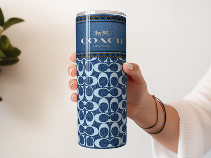 Designer Coach Pattern Insulated Travel Mug, Blue and Denim Look, Fashion Travel Accessory, Unique Gift Idea, Stylish Coffee Cup