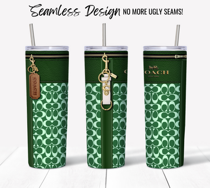 Three NY Coach Forrest Green Monogram Plain tall tumblers with green and white patterns are displayed, perfect as 20 oz Skinny Tumblers. Each features a zipper design and includes a metal keychain. The text at the top reads "Seamless Design No More Ugly Seams!" making them ideal for Sublimation Tumbler Wraps.