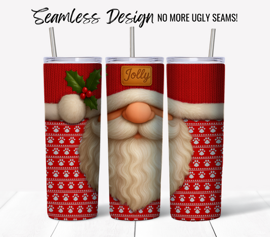 Jolly Santa Ugly Sweater #16: Three tall tumblers in a seamless design with Santa in a red knit hat, holly, “Jolly” label, and red sweater with white paw prints. 20 oz sublimation tumbler wrap digital download—no ugly seams!.