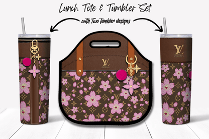 LV Brown Cherry Blossom Lunch Tote and Tumbler Set Leather Texture - Hushed Designs