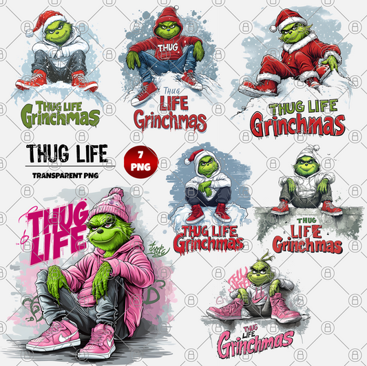 Seven high-resolution digital PNG files featuring the "Thug Life Grinchmas" theme, showcasing a playful green creature in various poses. Each illustration depicts the character with street-style accessories like sunglasses, hats, and sneakers on a transparent background.