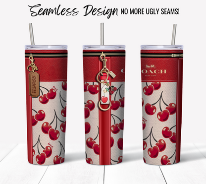 Three tall, slim 20 oz Sublimation Tumblers decorated with the NY Coach Red Cherry Fabric Texture, showcasing red cherries against an alternating red and white background. Featuring zipper and carabiner keychain designs, the text "Seamless Design NO MORE UGLY SEAMS!" is prominently displayed above the image. Ideal for sublimation printing enthusiasts!