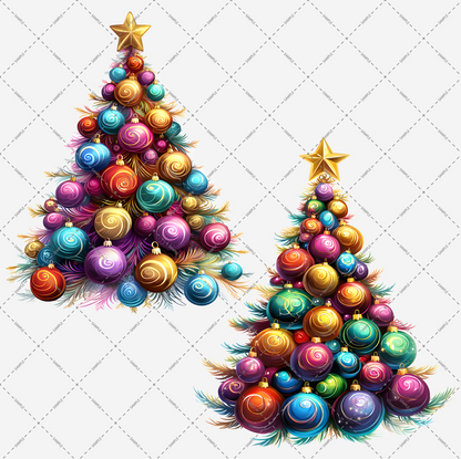 The Bauble Christmas Tree Transparent PNG File features two vibrant Christmas trees crafted from glossy baubles in diverse colors and sizes. Each tree is crowned with a golden star and the base is decorated with vivid feathers, all set against a minimalist grid pattern, ensuring every intricate detail stands out in high-resolution.