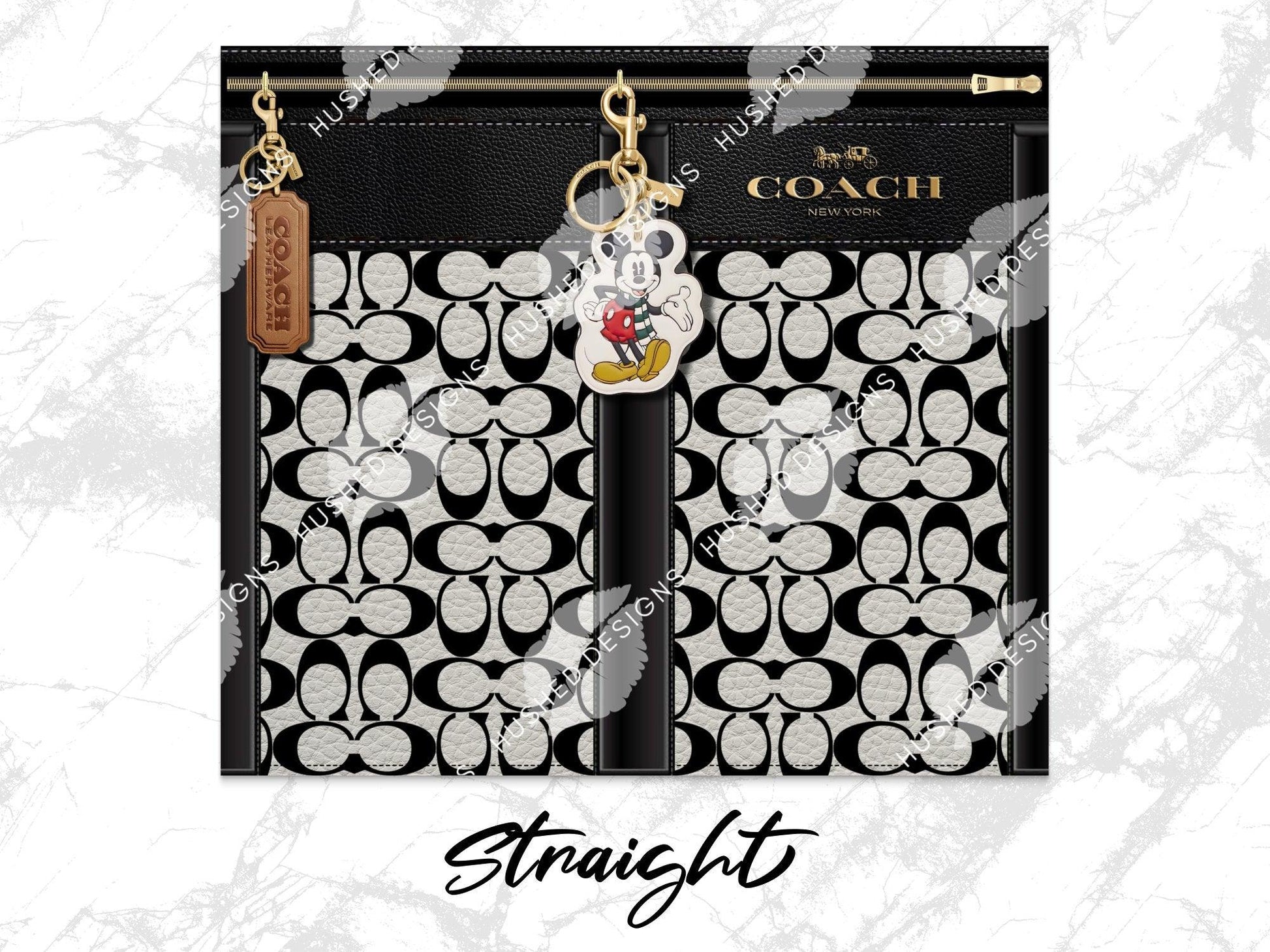 NY Coach Black and White Monogram with Mickey Key Chain Leather Texture - Hushed Designs