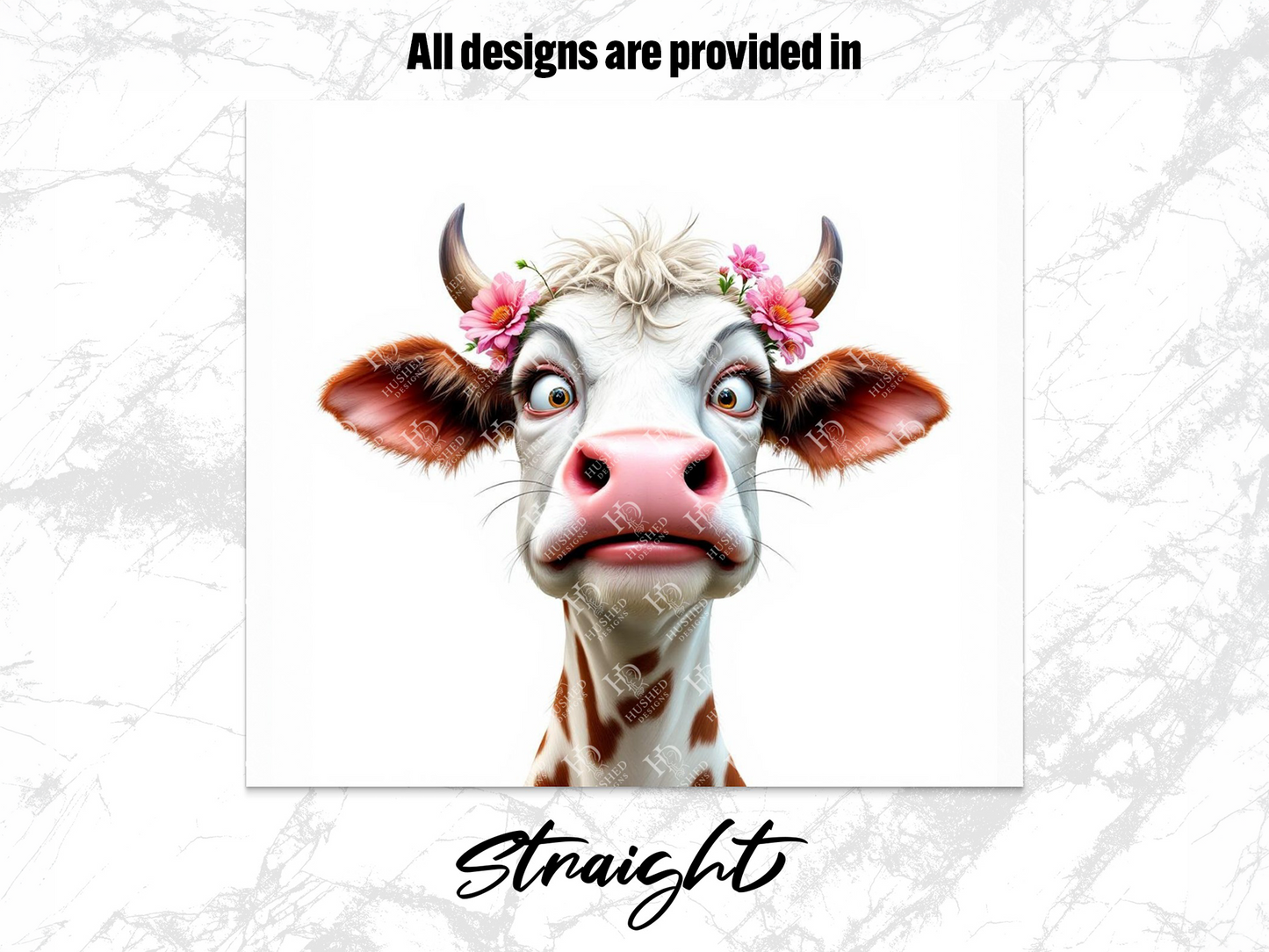 Cartoon Cow Pink Flowers Horns Spotted Bug Eyed product type