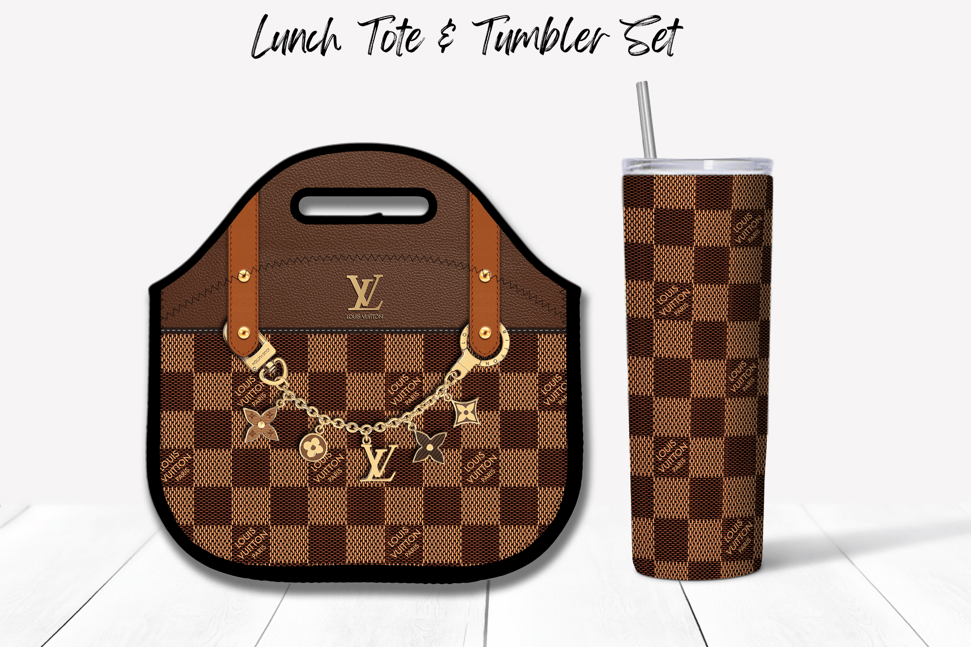 LV Brown Checkered Lunch Tote and Tumbler Set - Hushed Designs