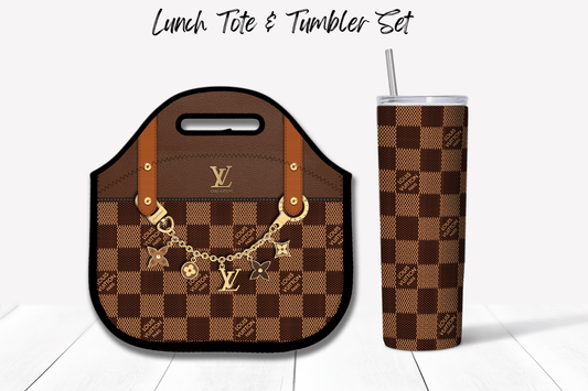 LV Brown Checkered Lunch Tote and Tumbler Set - Hushed Designs