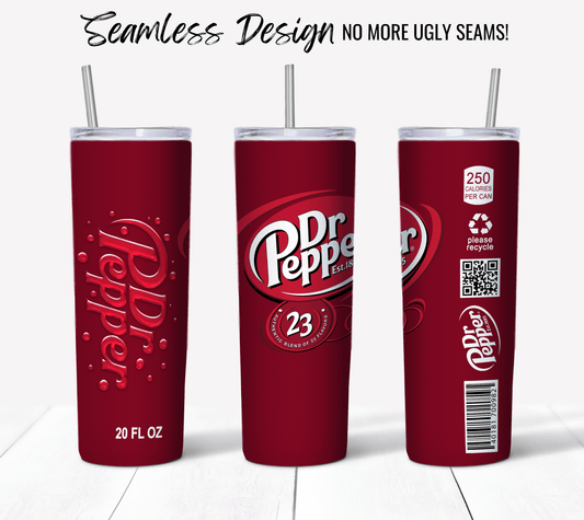 Three 20 oz Sublimation Tumbler Wraps in red with Dr Pepper Soda branding exhibit a seamless design. The front tumbler presents the logo vertically, the middle one centers the logo, and the back features a barcode along with recycling information. The text at the top declares, "Seamless Design - No More Ugly Seams!".