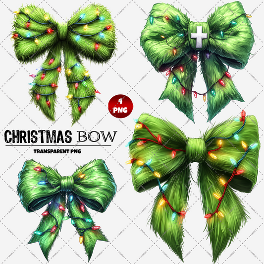 A set of four high-resolution Green Fur Christmas Coquette Bows, each shimmering with colorful lights and crafted from green pine branches, is available as digital PNG files. These bows offer varied designs and textures against a white background with a subtle grid pattern.