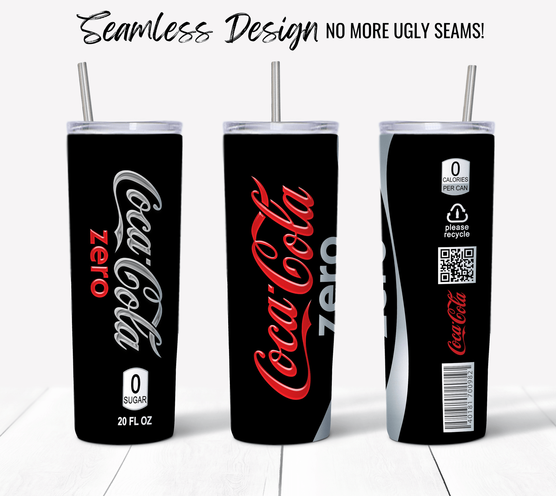 Three Coke Zero branded tumblers are shown from different angles on a white background. The tumblers are black with red and white text, featuring the Coca-Cola logo and "Zero Sugar" label. Perfect for sublimation printing, these 20 oz Sublimation Tumbler Wraps boast a seamless design - no more ugly seams!