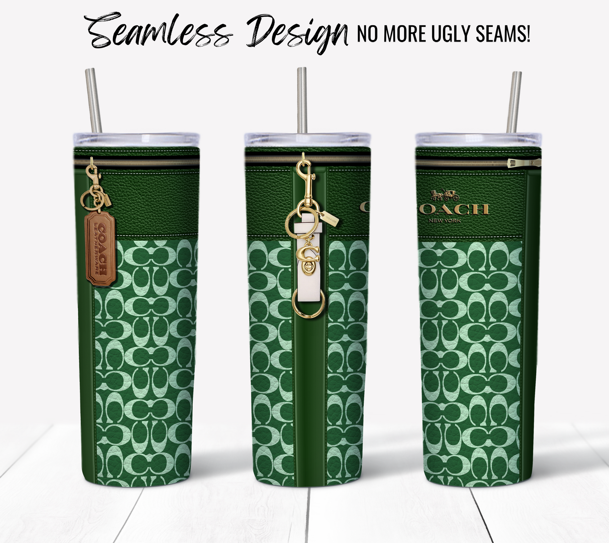 Three NY Coach Forrest Green tumblers featuring a monogram leather texture, complete with straw lids and attached keychains, are displayed on a white background. The text at the top reads "Seamless Design - No More Ugly Seams!" making them perfect for sublimation printing using our 20 oz Sublimation Tumbler Wrap digital download.