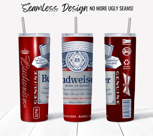 Three 20 oz Budweiser Beer Can stainless steel tumblers with metal straws are shown from different angles, highlighting the "Seamless Design." Each tumbler displays various Budweiser logos and text, including "Budweiser King of Beers" and "Please recycle.