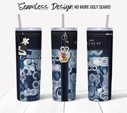 Three blue-themed 20 oz Sublimation Tumblers with seamless designs and metal straws, each featuring a stylish zippered cover. One tumbler includes a Mickey Mouse charm, another has a keychain. Text at the top says "Seamless Design, No More Ugly Seams! These tumblers echo the elegance of the NY Coach Navy Leather Blue Monogram with Mickey Key Chain Fabric Texture.