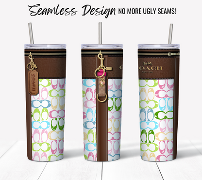 Featuring a trio of NY Coach Pastel Monogram Plain tall tumblers, these come with brown leather accents and lively flip-flop designs in shades of pink, green, and blue. Each tumbler is perfectly suited for a 20 oz Sublimation Tumbler Wrap and includes metal straws along with keychain charms. They are available as high-quality PNG files for digital download, boasting a "Seamless Design: No More Ugly Seams!