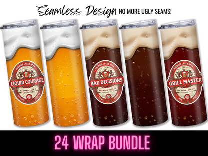Display the "Beer Tumbler Wrap Bundle | 21 Seamless PNG Designs (Digital Download)"—featuring tall tumblers with fun beer-themed labels like Liquid Courage and Grill Master, perfect for flawless 20 oz sublimation tumbler wraps.