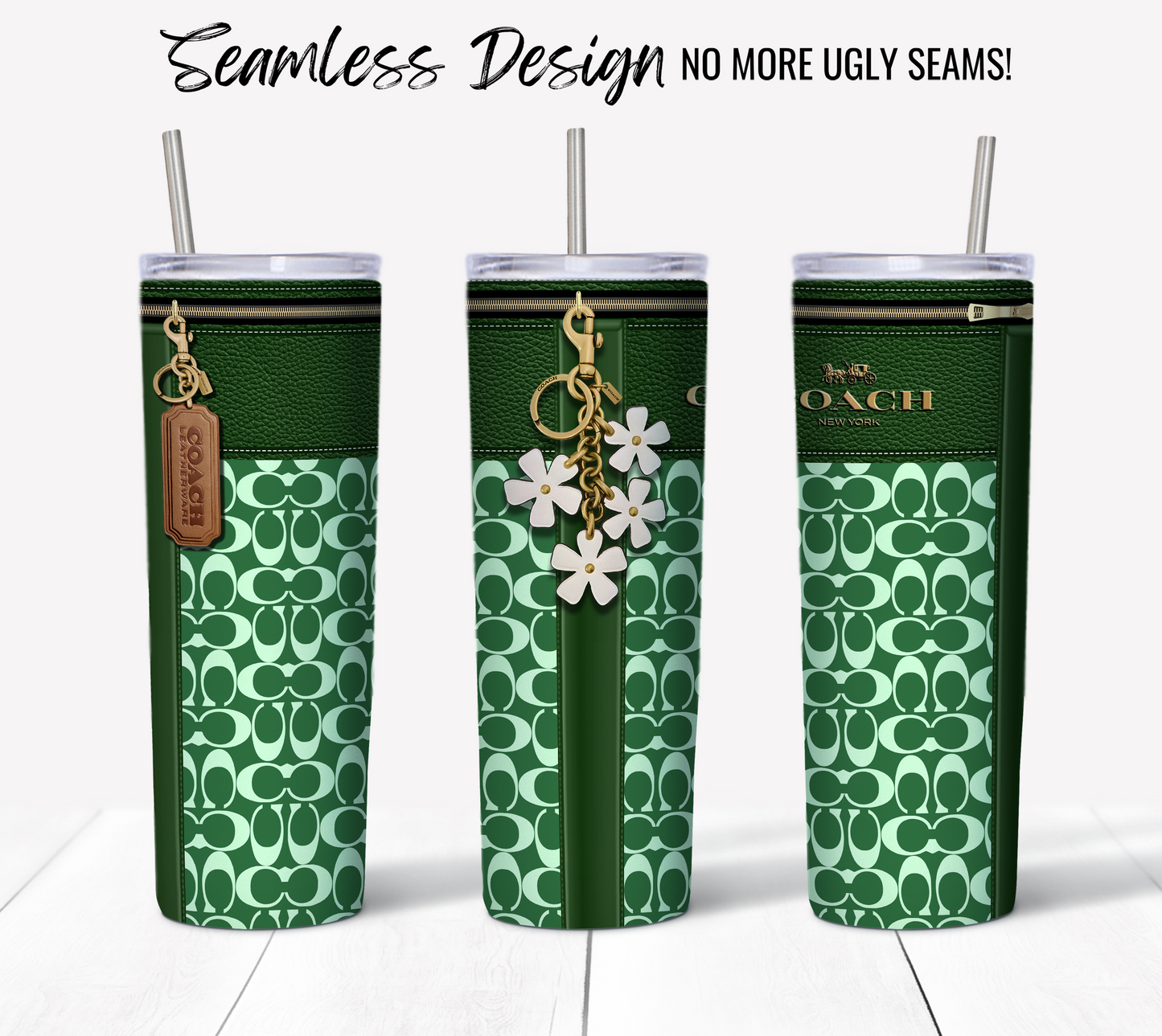 A set of three NY Coach Forrest Green Monogram Plain 20 oz Skinny Tumblers features stylish patterned designs with Coach branding. Each tumbler is uniquely embellished with a leather tag, floral charms, or a zipper accent. The text "Seamless Design / No More Ugly Seams!" makes these perfect for sublimation tumbler wraps on a white surface.