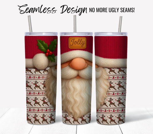 The Jolly Santa Ugly Sweater #18 Tumbler Wrap features a seamless Santa design with a red knit hat, holly, and a reindeer-and-snowflake sweater. Perfect as a 20 oz sublimation tumbler wrap—no more ugly seams!.
