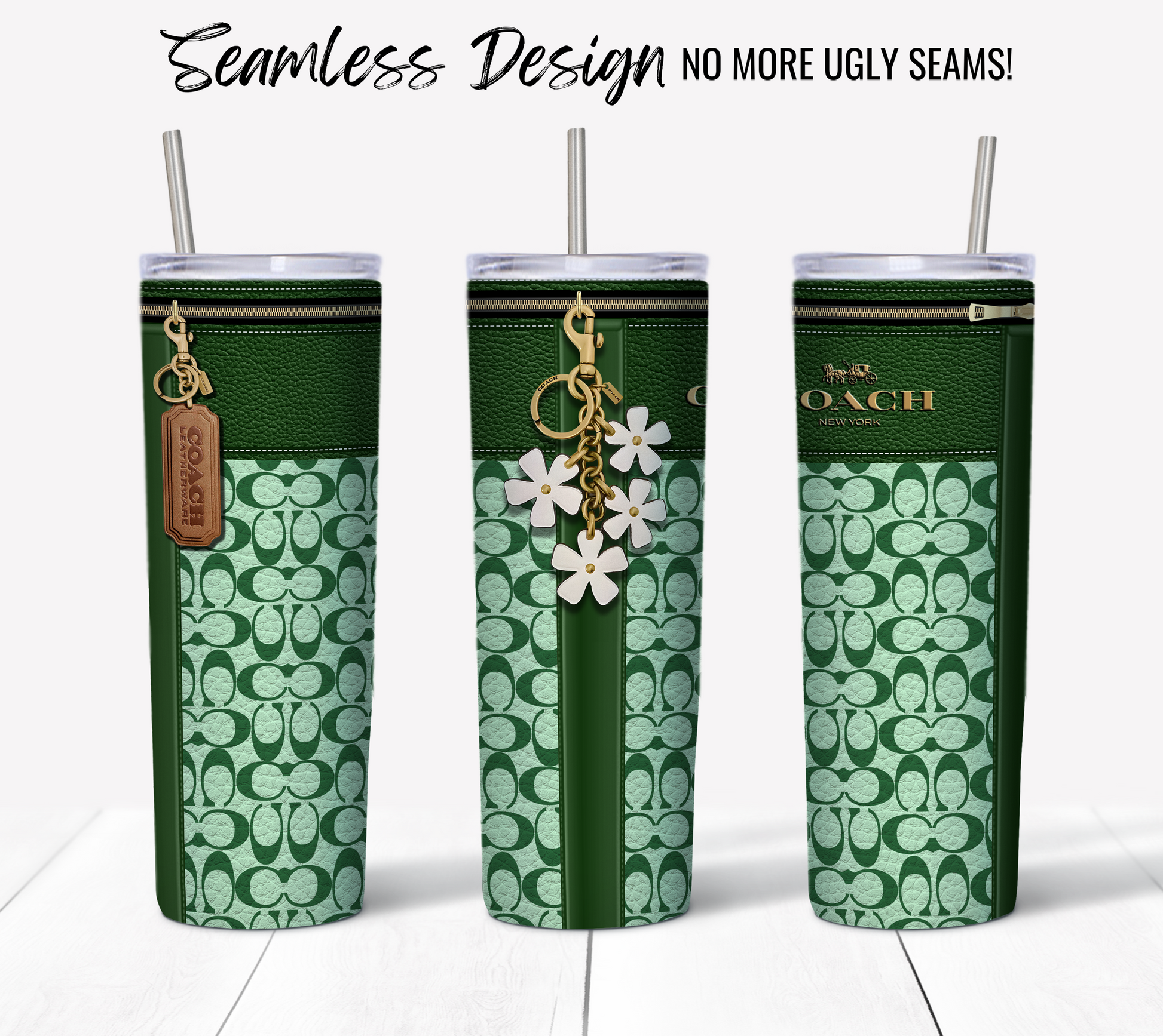 Three designer NY Coach Forrest Green Monogram Leather Texture 20 oz Skinny Tumblers are showcased, featuring tall green patterns and flower charms. These tumblers boast a seamless design with the branded logo prominently displayed. The text at the top highlights the seamless construction, promising "no more ugly seams!" Ideal for sublimation tumbler wrap projects.