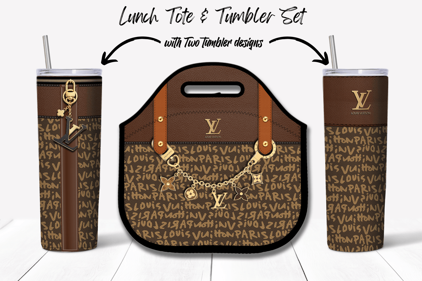 LV Brown Graffiti Monogram Lunch Tote and Tumbler Set Fabric Texture - Hushed Designs