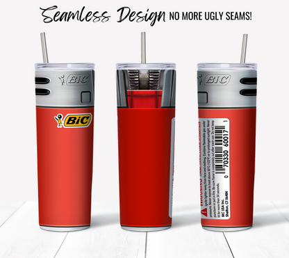 A composite image displays three perspectives of the Bic Lighter Red, a 20 oz Sublimation Tumbler. The tumbler seamlessly mimics the look of a BIC lighter and features text proclaiming "Seamless Design No More Ugly Seams!" above it. The front, side, and back views spotlight various details of the Skinny Tumbler Wrap.