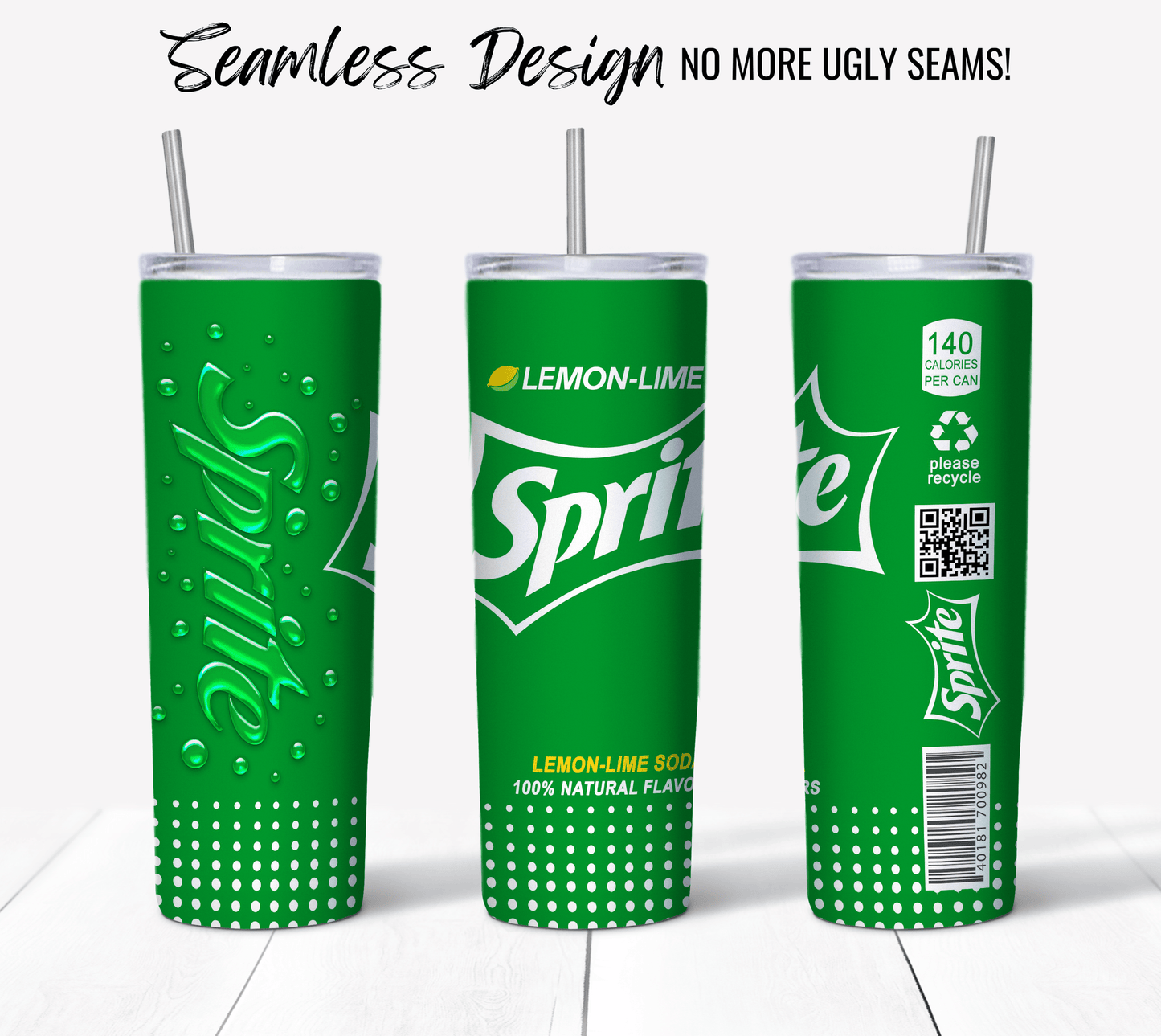 Three green Sprite Soda tumblers with silver lids and straws are displayed on a white surface. The left tumbler features embossed bubbles, the center shows the Sprite Soda logo with "Lemon-Lime" text, and the right tumbler highlights nutritional facts and a QR code. Perfect for customization with your favorite Sublimation Tumbler Wrap!