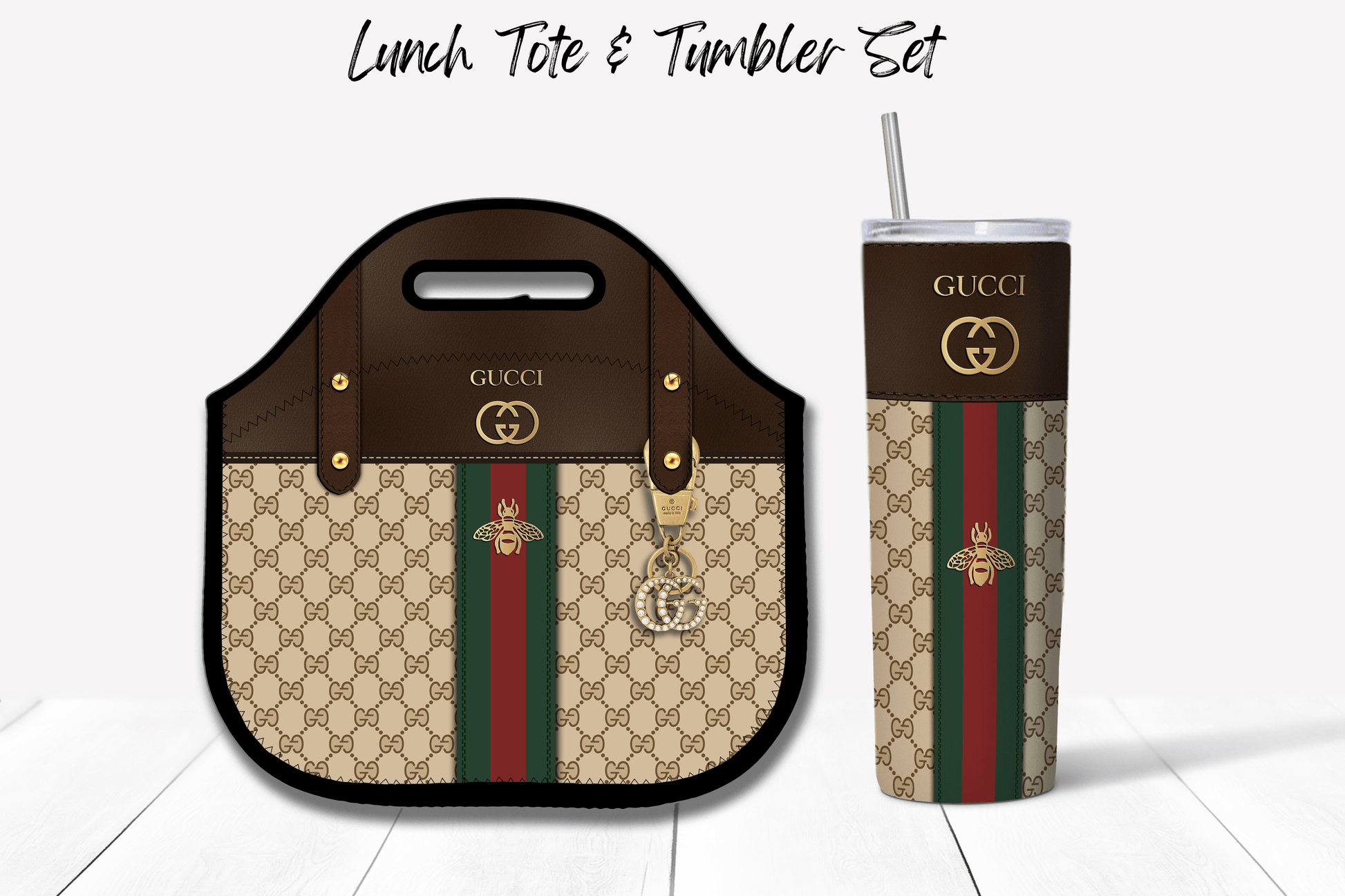 Gucci Dark Brown Monogram Lunch Tote and Tumbler Set Plain - Hushed Designs