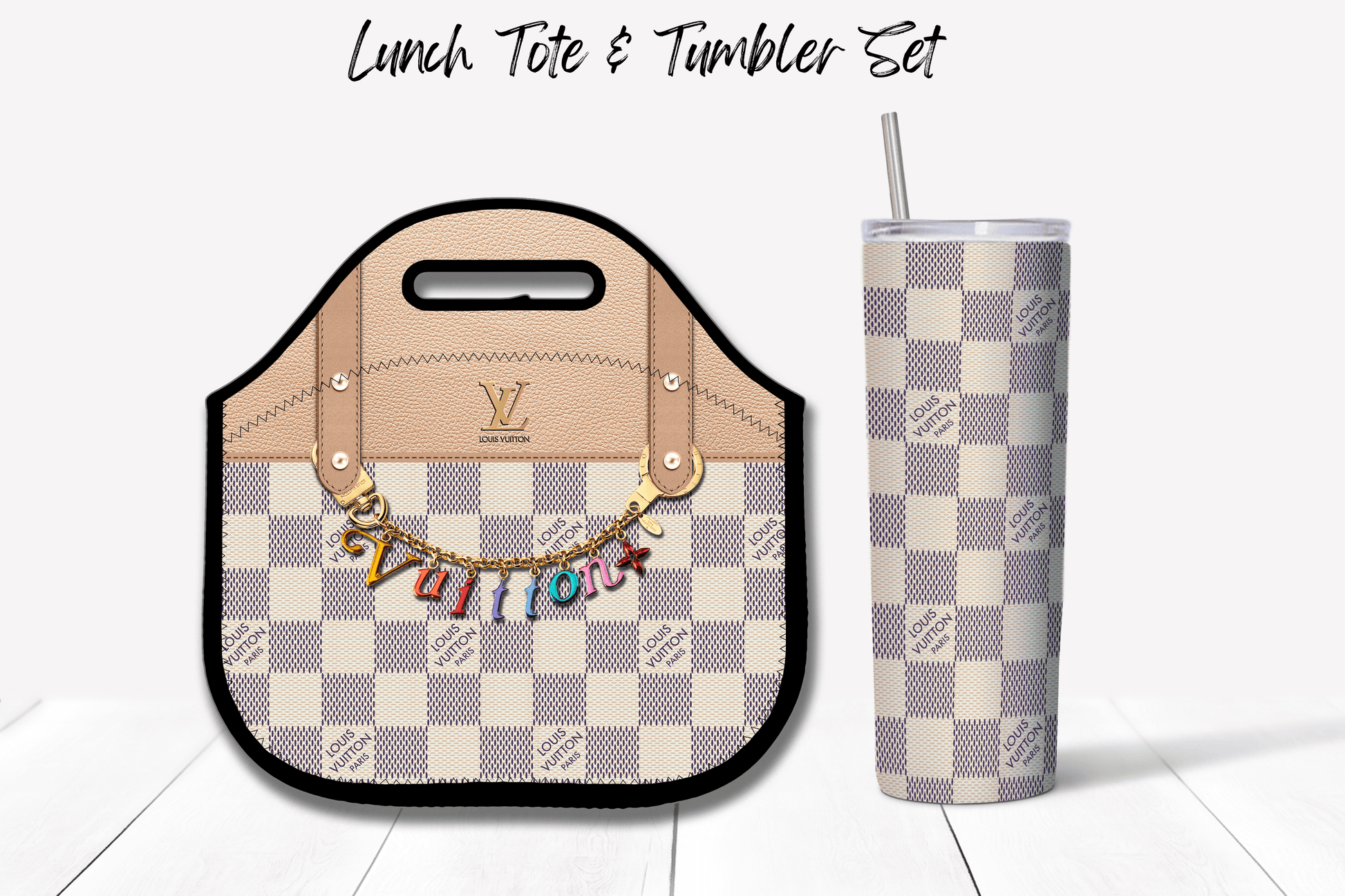 LV Cream Checkered Lunch Tote and Tumbler Set - Hushed Designs