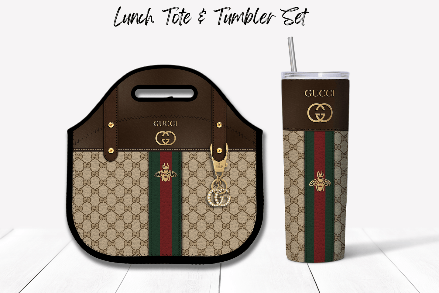 Gucci Dark Brown Monogram Lunch Tote and Tumbler Set Leather Texture - Hushed Designs