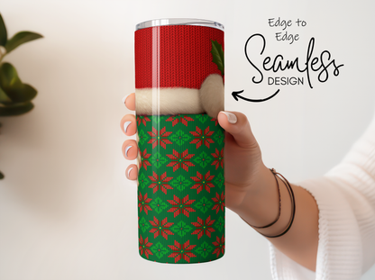 Festive Christmas Tumbler, Red and Green Seamless Design, Santa Hat, Holiday Drinkware Gift