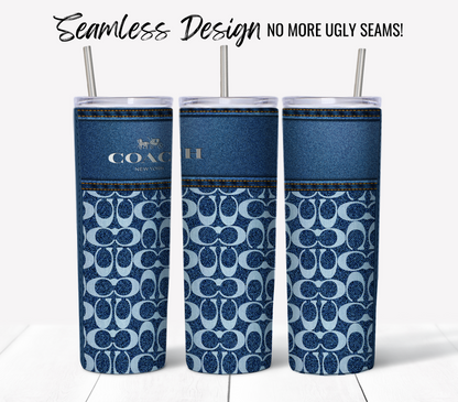Three 20 oz tumblers display the NY Coach Denim Monogram Fabric Texture - Left Seam wrap, each with a silver straw, arranged side by side. Text reads "Seamless Design No More Ugly Seams!" One tumbler shows the Coach name. Custom name on back available.