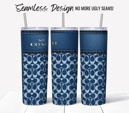 Three 20 oz tumblers display the NY Coach Denim Monogram Fabric Texture - Left Seam wrap, each with a silver straw, arranged side by side. Text reads "Seamless Design No More Ugly Seams!" One tumbler shows the Coach name. Custom name on back available.