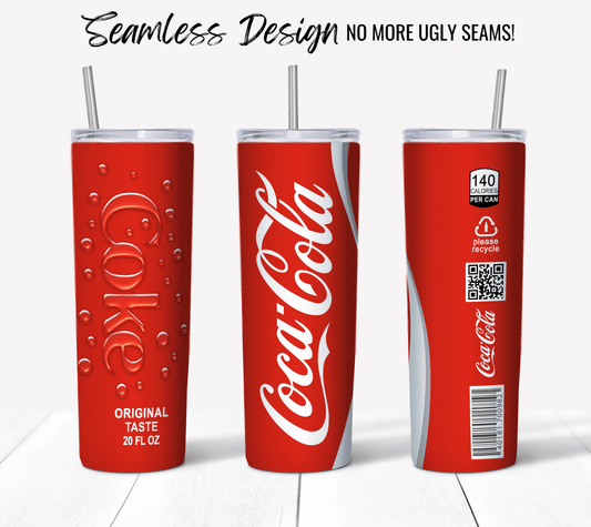 Three red Coke Cola tumblers are displayed against a white backdrop. The first tumbler showcases embossed detailing and features the text "Coke Original Taste." The second tumbler highlights the iconic Coca-Cola logo. The third tumbler displays a 140 calories label, a QR code, and recycling information—perfect for 20 oz Sublimation Tumbler Wrap designs available as a digital download. Above them, the text reads "Seamless.