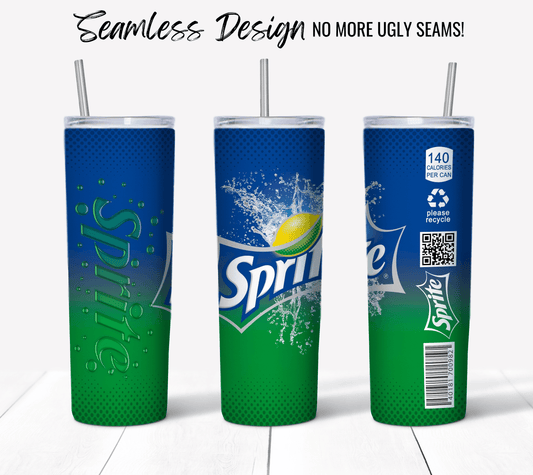 Displayed is a set of three 20 oz skinny tumblers with straws, themed around Sprite Soda. The tumblers feature a gradient blue-to-green background adorned with the Sprite logo, a QR code, the text "140 calories per can," and a recycling symbol. At the top of each tumbler, you'll see the phrase "Seamless Design NO MORE UGLY SEAMS!