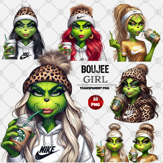 High-resolution digital PNG files featuring a stylized green character in fashionable outfits, each holding Starbucks cups. The collection showcases various expressions and hairstyles, adorned with accessories like animal prints and Nike logos. Each file has a transparent background. Text displayed: "Boujee Girl" - 28 PNGs.
