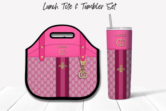 Gucci Pink Monogram with Pink Strap Lunch Tote and Tumbler Set Leather Texture - Hushed Designs