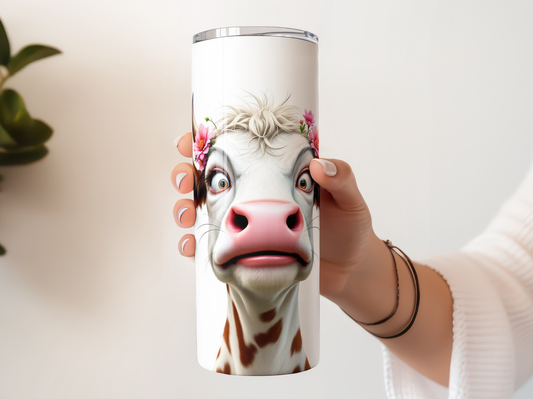 Goofy Eyed Cow Face Pink Flowers Spotted Tumbler product type