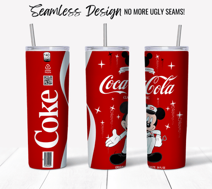 Three Mickey Coke Cola skinny tumblers featuring a seamless design are displayed. Each 20 oz sublimation tumbler has a silver metal straw. The tumblers showcase classic Coca-Cola branding and an image of a cartoon mouse character. The text at the top reads, "Seamless Design: No More Ugly Seams!