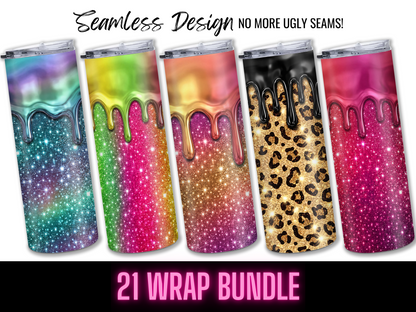 The Glitter Drip Tumbler Wraps Bundle 20oz features 21 seamless, shiny designs—blue/purple, green/pink, pink/gold, gold/black, and leopard print included. “Seamless Design” and “21 Wrap Bundle.” Digital PNG download.